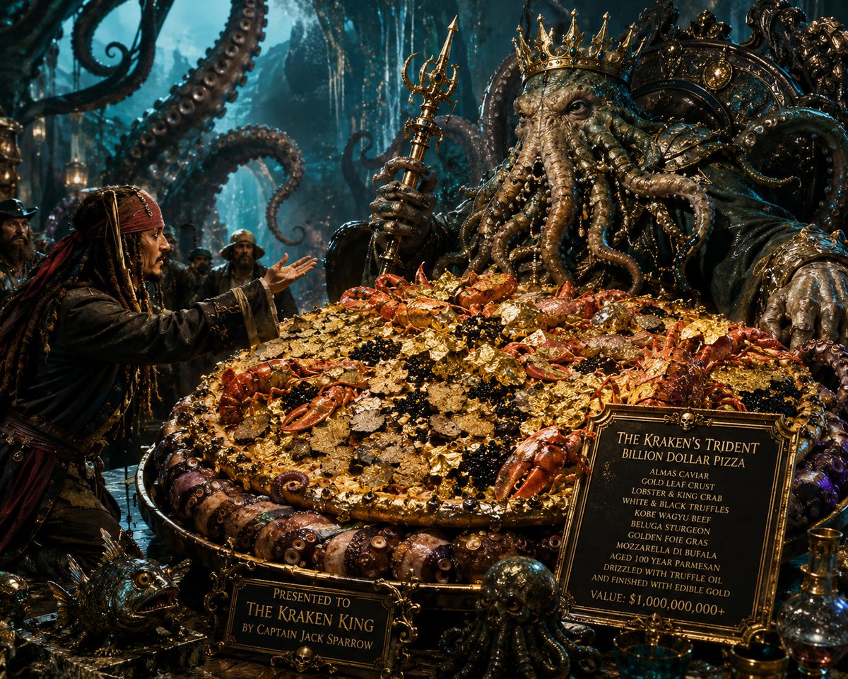 BekkyCrypt's tweet photo. Pizza 🍕 that worth more some live savings 
Billion Dollar pizza 🍕 presented to the @krakenfx King From the great legendary jack Sparrow.

#krakenpizzeria https://t.co/fWuuRqua5N