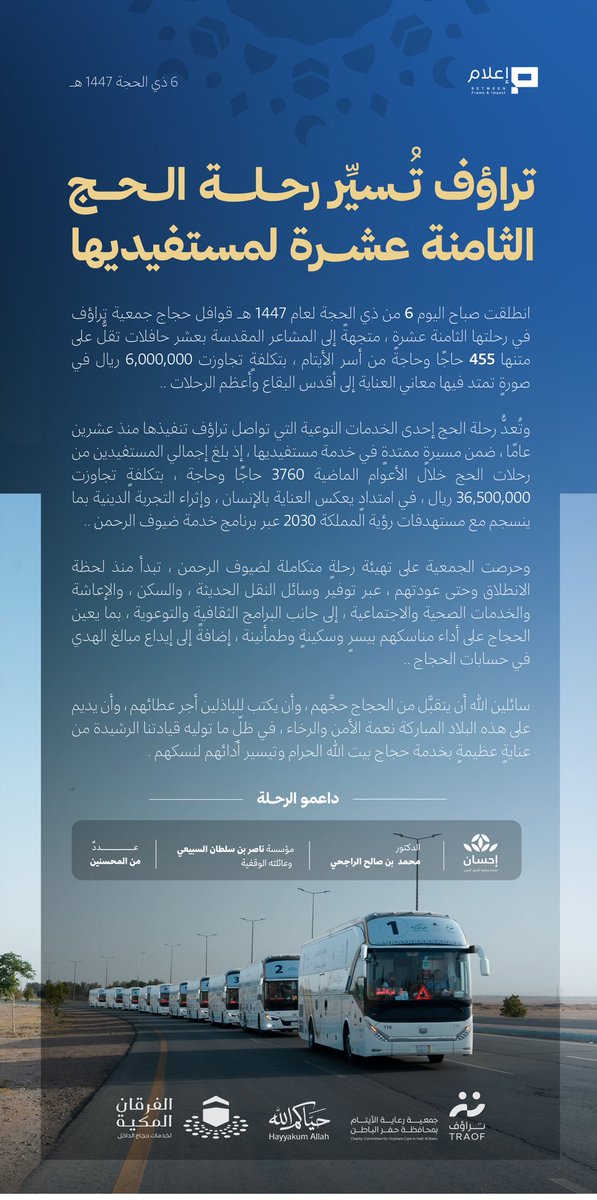 TRAOF_SA's tweet photo. خبر صحفي | 📰

جمعية #تراؤف تُسيِّر رحلة الحج الثامنة عشرة لمستفيديها من أسر الأيتام ، لعام 1447 هـ 🤍🕋

https://t.co/oWY5sI5TF9

#حياكم_الله .
#مسير_وتيسير . https://t.co/N2XrX9Z0i3