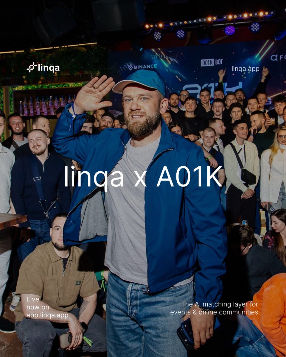 linqa_app's tweet photo. linqa x A01K Crypto Cartel

Last weekend, A01K, one of the strongest crypto communities in the region, ran their 4th anniversary in Warsaw. Closed room, 150 people, the kind of night where one intro pays for the trip.

We integrated the event into linqa Places so guests could see who else was in the room and surface the right people before the night kicked off.

This is exactly what we built linqa for: turning crowded rooms into the right conversations.

Thanks to the A01K team for trusting us with the room.

Live now on https://t.co/XYX1zVwxRX.