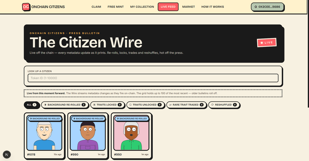 citizensonchain's tweet photo. The 'Live Feed' page has just been activated on the dapp. On the page, you can now track and view citizens react to transfers in real time.

Need a distraction but don't feel like touching grass, 'The Citizen Wire' got you!

You're welcome 😉 https://t.co/psdCzVJJjq