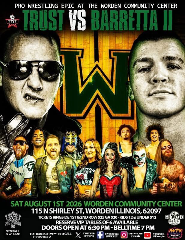 PWEpic's tweet photo. We will be in Worden Illinois at the Worden Community Center on Saturday August 1st.
If @TheJetBenTrust can successfully defend his Epic Wrestling Championship June 13th he will then defend it against @B_Barretta98 August 1st! 

For tickets and info call 618-806-4656 https://t.co/Gr7PQ1lMW9