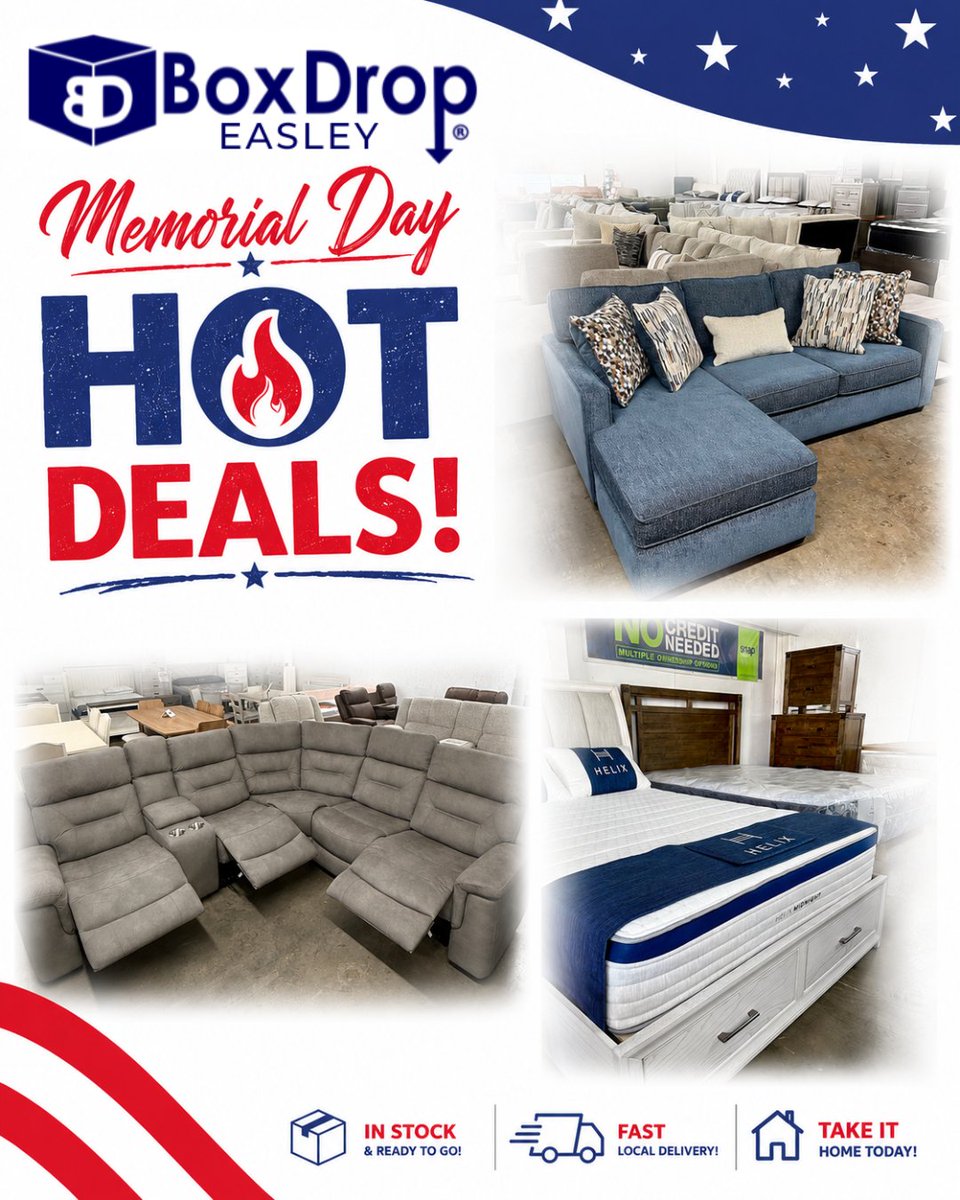 BoxDropEasley's tweet photo. 🇺🇸MEMORIAL DAY H🔥T DEALS 🇺🇸

Hot deals on sectionals, recliners, mattresses, bedroom sets &amp; more TODAY 10am-4pm!

And don’t forget — Military &amp; First Responders ALWAYS get 10% OFF every day at BoxDrop Easley. ❤️🤍💙

Hurry in before your favorite piece is GONE. 🔥 https://t.co/TmPlBoN4MS