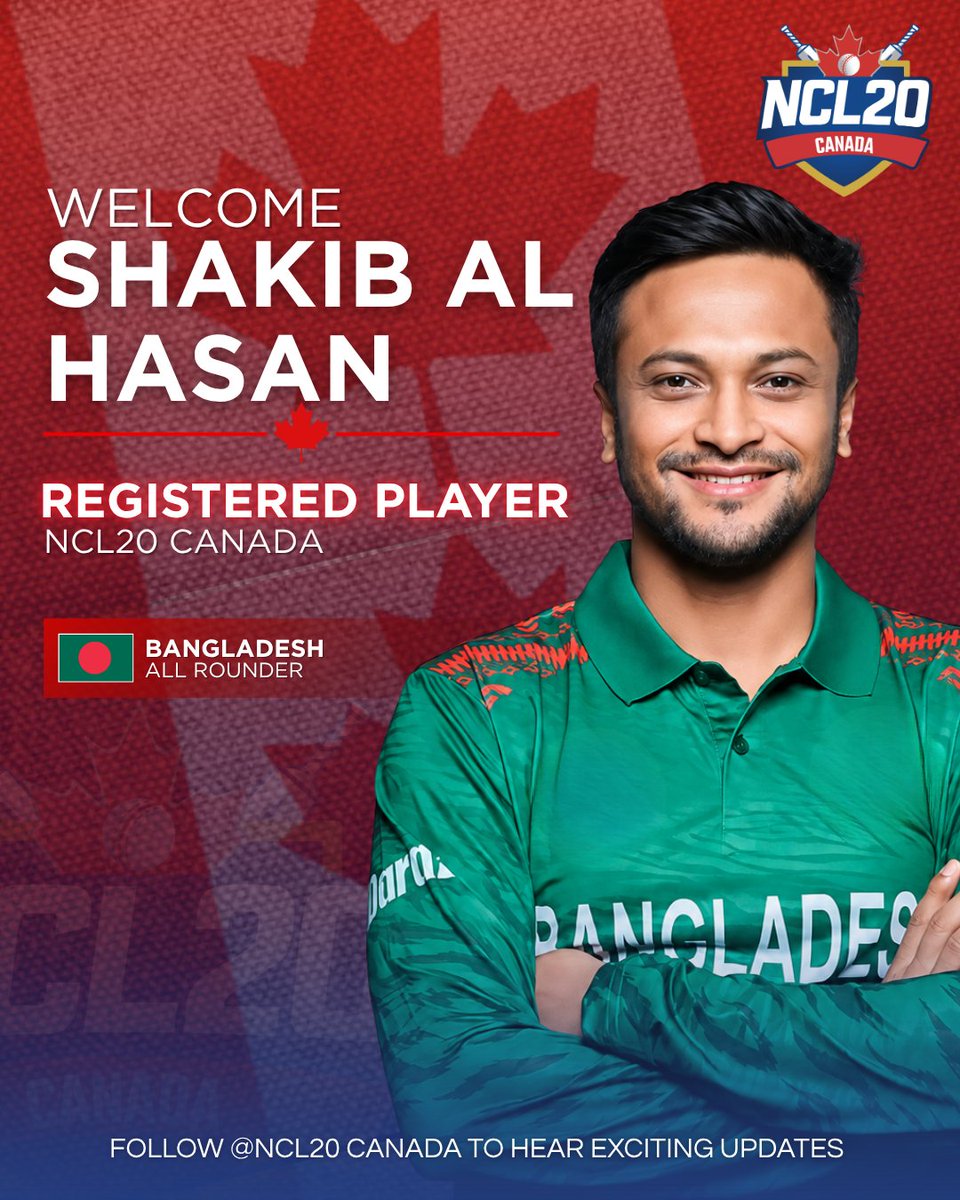ncl20canada's tweet photo. SHAKIB AL HASAN is coming to Canada! 

500+ T20 wickets. 7,570 ODI runs. 2x IPL champion. No.1 ICC All-Rounder. Bangladesh LEGEND.

Shakib has officially registered for NCL 20 Canada. 

#ShakilAlHasan #Shakib #NCL20Canada #CricketCanada #T20Cricket https://t.co/Tbo4kdTCoD