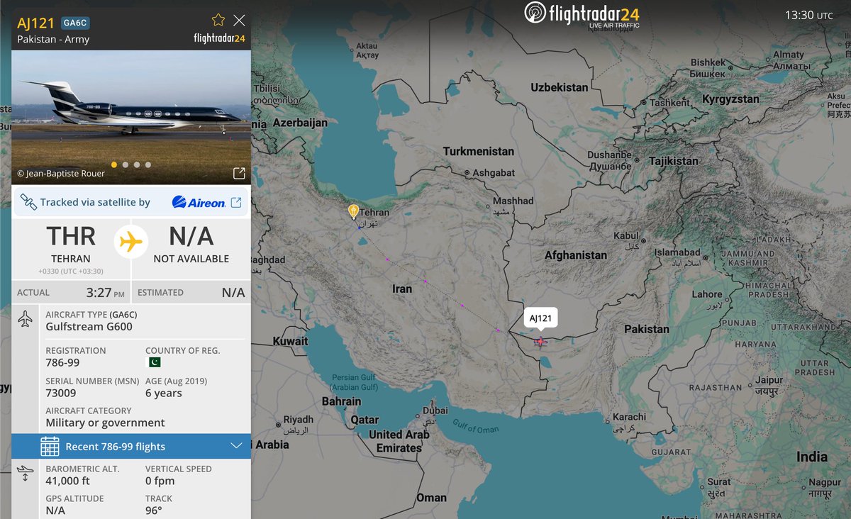 ahmedrghazi's tweet photo. #AJ121 (the #PakistanArmy #Gulfstream #G600) making its return journey, from #Tehran back to #Pakistan https://t.co/0j8T2GdBgX