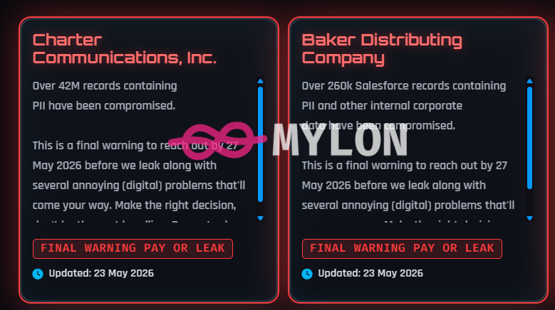 MylonIntel's tweet photo. 🚨‼️DATA BREACH ALERT
Threat actor, "ShinyHunters" (UNC6040/UNC6240) has allegedly breached 2 organizations:
- 🇺🇸 Baker Distributing Company — 📦260K records
- 🇺🇸 Charter Communications, Inc — 📦42M records

All ransomware demands are made within 4 days before it's made public. https://t.co/u8hTcT5KT6