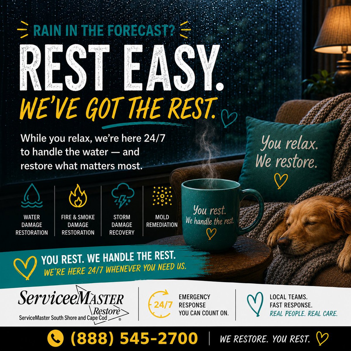 SMSoShore's tweet photo. 🌧️ Rain in the forecast? Rest easy. We’ve got the rest.
While you enjoy a cozy weekend indoors, ServiceMaster is here 24/7 to handle unexpected water damage, leaks, and storm-related issues.
From basements to burst pipes, our team is ready when you need us most — so you can... https://t.co/earMV0vvu3