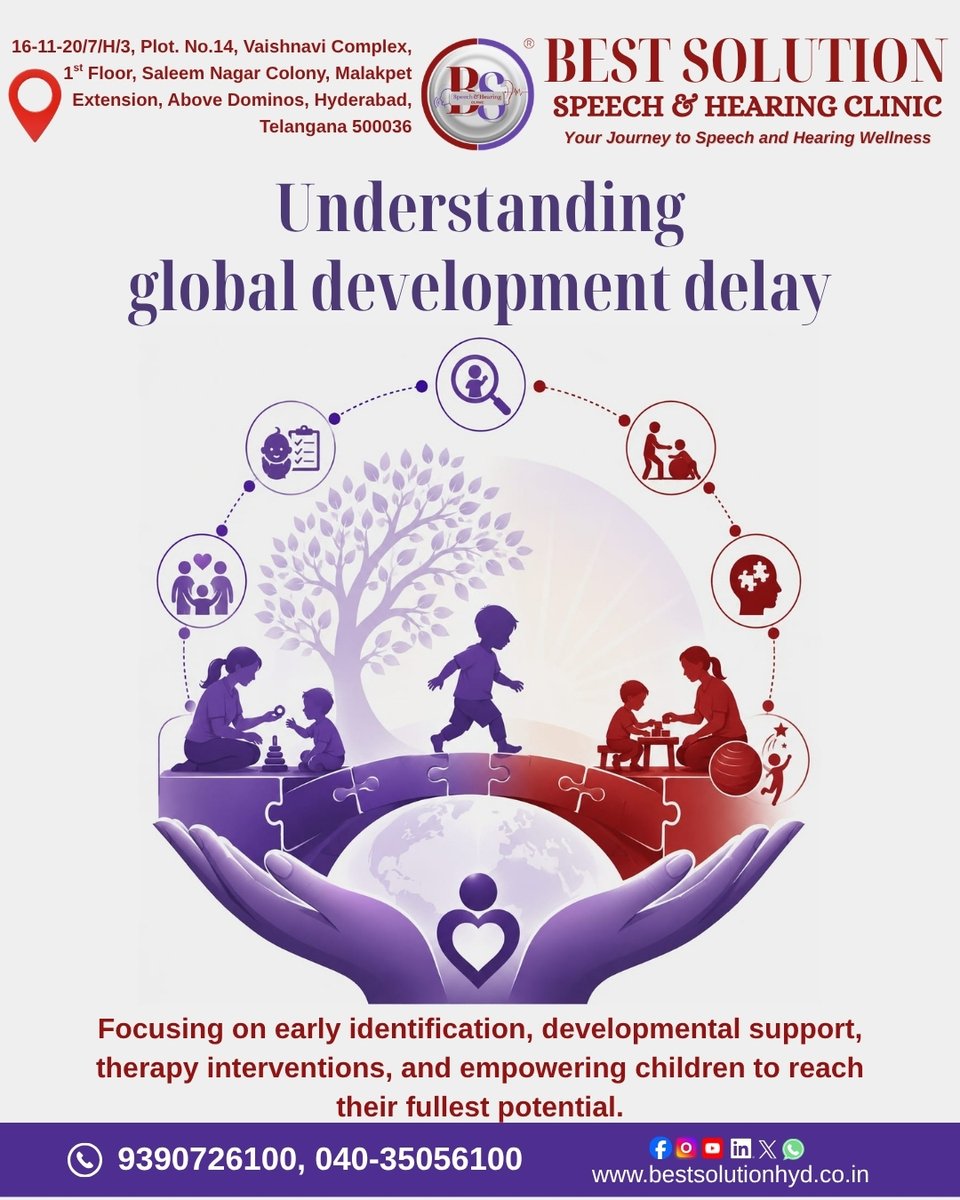 BSBestSolution's tweet photo. Early identification &amp; targeted therapy interventions can help children with Global Developmental Delay reach their full potential. Trust Best Solution Speech &amp; Hearing Clinic in Hyderabad for expert support.📞 9390726100🌐 https://t.co/AtMFueoCMe#ChildDevelopment #SpeechTherapy https://t.co/0B9kEWERcj