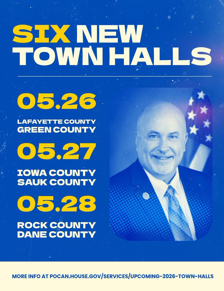 RepMarkPocan's tweet photo. Next week, I will host a town hall in every county across the district! RSVP at the following links.

Lafayette County: https://t.co/e2CWzPb61u
Green County: https://t.co/srhUp436bW
Iowa County: https://t.co/CQPtb1Hweu
Sauk County: https://t.co/UkoGwq2KZp
Rock County: https://t.co/jYksT7PdNS
Dane County: https://t.co/I6gPxWTKHN