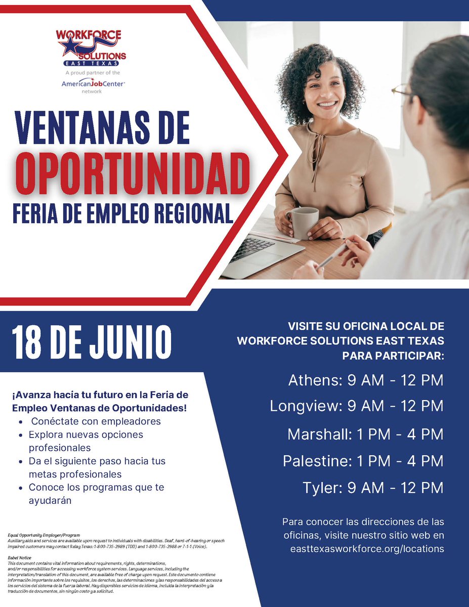 WFSolutionsETX's tweet photo. Attention job seekers! Our Windows of Opportunity Regionwide Job Fair is coming June 18th at all five Workforce Solutions East Texas locations. Come meet local employers and take the next step in your career. We hope to see you there! https://t.co/xyBV85zQwu