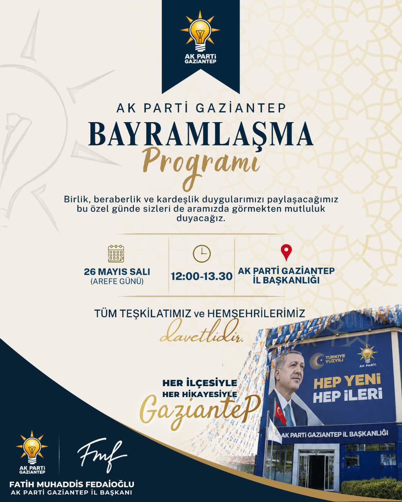 Akpartiislahiye's tweet photo. 🗓️ 26 MAYIS SALI (AREFE GÜNÜ ) 

⏱️ 12.00 -13.30

📍AK Parti Gaziantep İl Başkanlığı

@abuyukgumus 
@hakanaksu058 
@iekarayel 
@fmfedaioglu 
@UlsResit 
@Akparti https://t.co/kdb6Y4eXQx