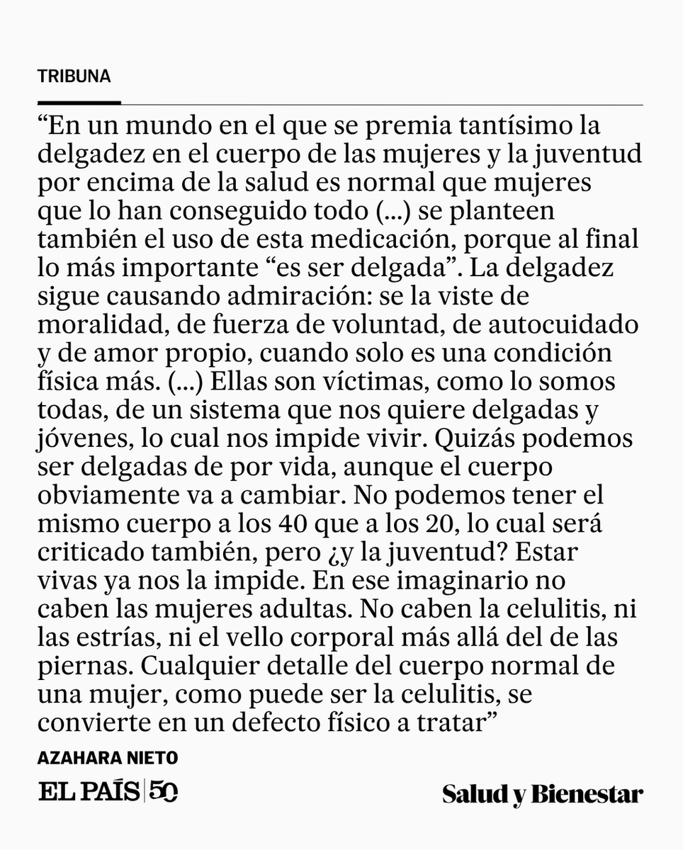 el_pais's tweet photo. Tribuna | "La obsesión por la delgadez nunca se fue, pero vuelve a mostrarse sin disimulo. Está en las alfombras rojas, en las redes sociales y en los discursos disfrazados de bienestar". Por Azahara Nieto https://t.co/xlkmmGA34y https://t.co/25LPiwovvW