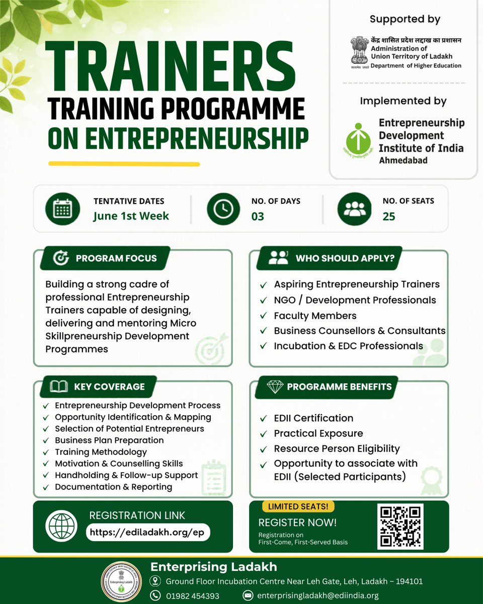 EntLadakh's tweet photo. Join the Trainers’ Training Programme on Entrepreneurship in Ladakh.

Get hands-on exposure in training, mentoring &amp; entrepreneurship development.

✅ Certification
✅ Practical Learning
✅ Limited Seats
Register: https://t.co/96qPoSJ8Ee

@lg_ladakh @ashishkundra https://t.co/9nWbQoh3X5