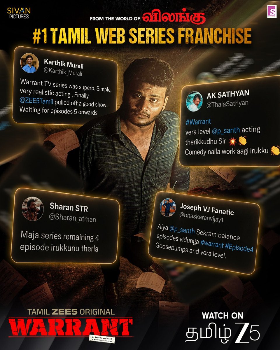 ZEE5Tamil's tweet photo. The response for Warrant is absolute fire!❤️‍🔥

From the world of Vilangu - Warrant is now streaming on Tamil ZEE5!

@p_santh @vickyjmc @SamCSmusic #ArAshokKumar #RRamar @Madan2791 #SivanPictures #BalajiSakthivel #Kousalya #Namrithamv #Aruljothi @ActorChayadevi @kaaliactor @Actor_ArulDass #nakkalitesmeena #hellokandhasamy #pragatheeswaran39 #gdurairaj #kaviyavelusamy #iyyapangnanavel @hereever @viyaki_s

#WarrantOnZEE5 #WatchOnZEE5 #TamilZEE5Original #TamilZEE5