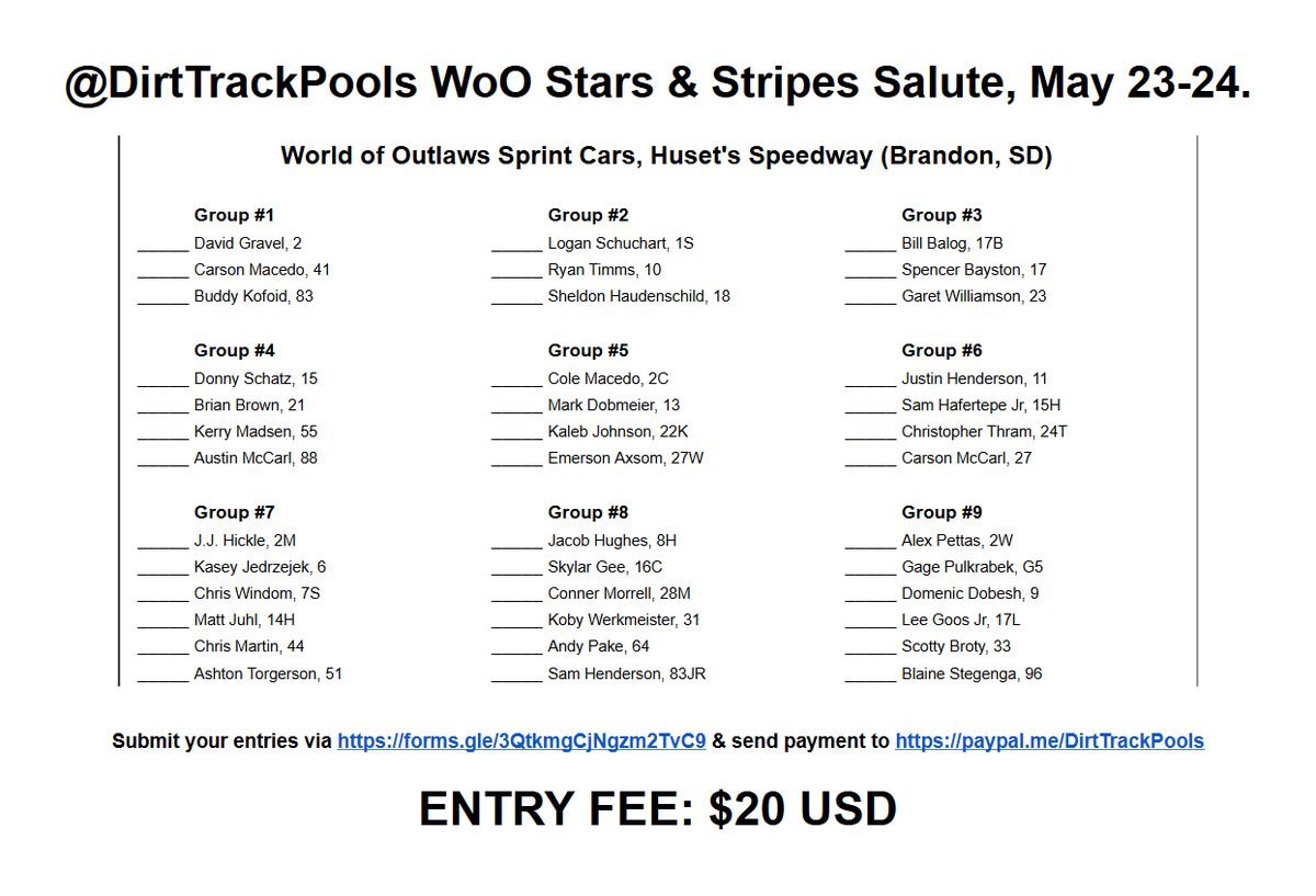 DirtTrackPools's tweet photo. WoO Stars &amp; Stripes Salute, Knoxville &amp; Huset's Groups Previews. https://t.co/cmOmCkW9WX