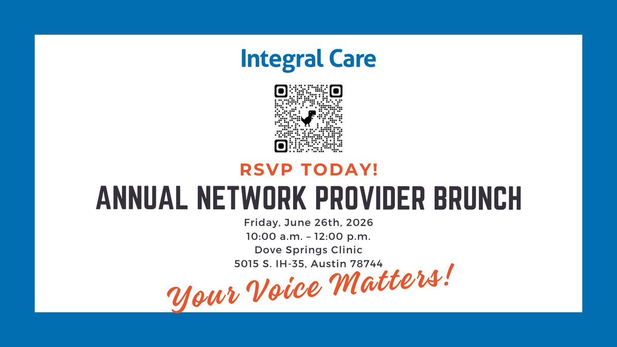 IntegralCareATX's tweet photo. Join us for brunch and a meaningful opportunity to connect, network, and get to know fellow providers in our network: https://t.co/VeigTkDfiD Connect with fellow providers, hear how your feedback is driving system improvements, learn about enhanced technical support and training, https://t.co/jWNGeu5et0