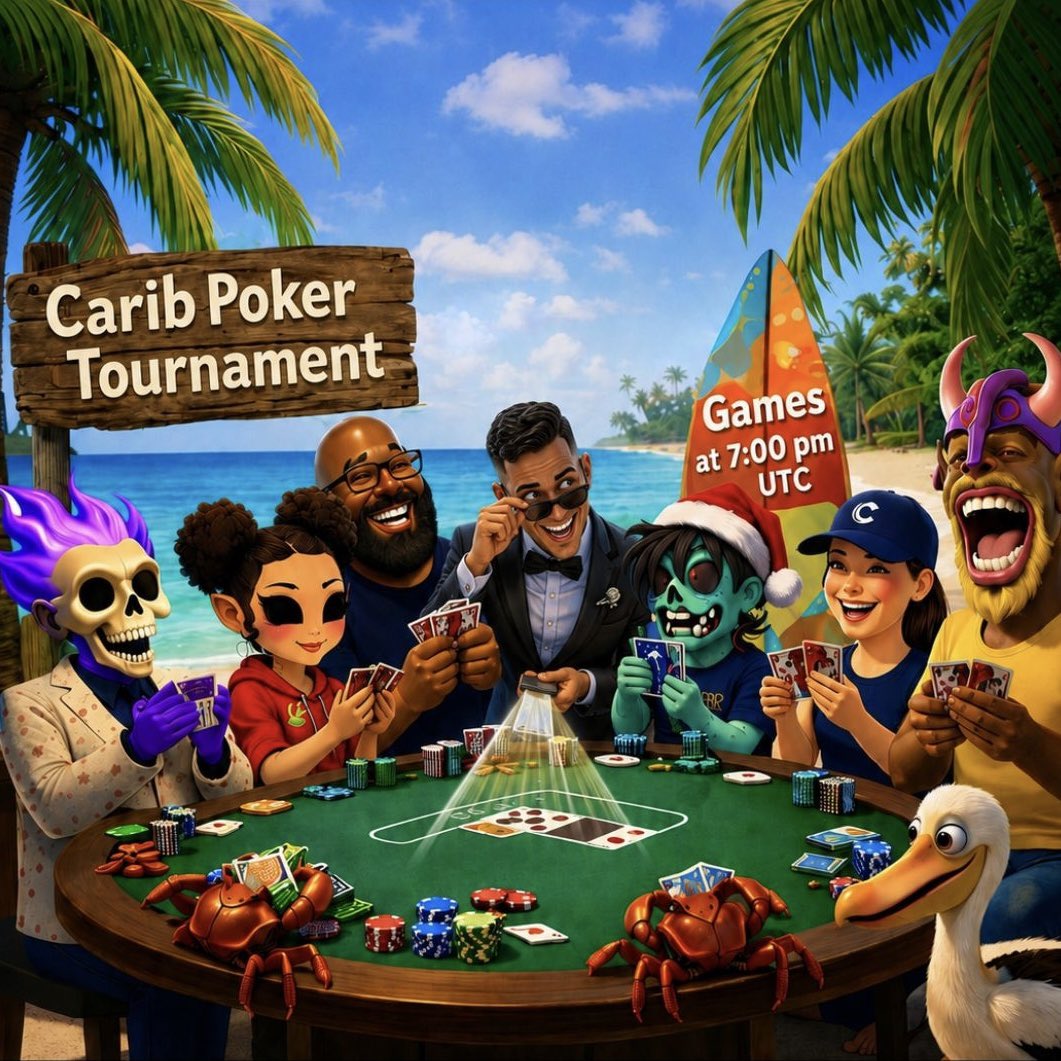 dp_carib's tweet photo. COMMUNITY POKER TOURNAMENT 118

🎁 $CARIB prizes + UNLIMITED side pot

Free game, no wallet connect, and anyone can play!

Hosted by @ShulyGC and @CaribDAO 

Game time 7 PM UTC

Join here 👉 https://t.co/PmDCfDkus3 https://t.co/FgYC5mpl4N