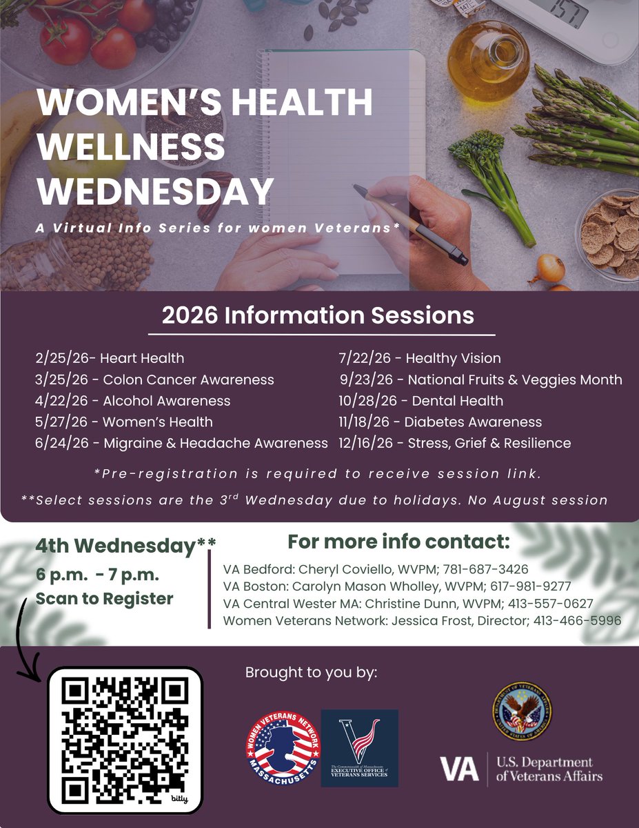 VACWMASS's tweet photo. Women Veterans' Health Wednesdays: Reproductive Mental Health, 6:00 - 7:00 p.m., May 27, 2026. 

Join us for a conversation on women's mental health, and how sex and hormones affect mental health from puberty, to pregnancy, infertility, to menopause…what is normal, when to reach out for help, striving for wellbeing at all stages of life! 

Pre-registration is required: Visit https://t.co/XUOyrIcZ10