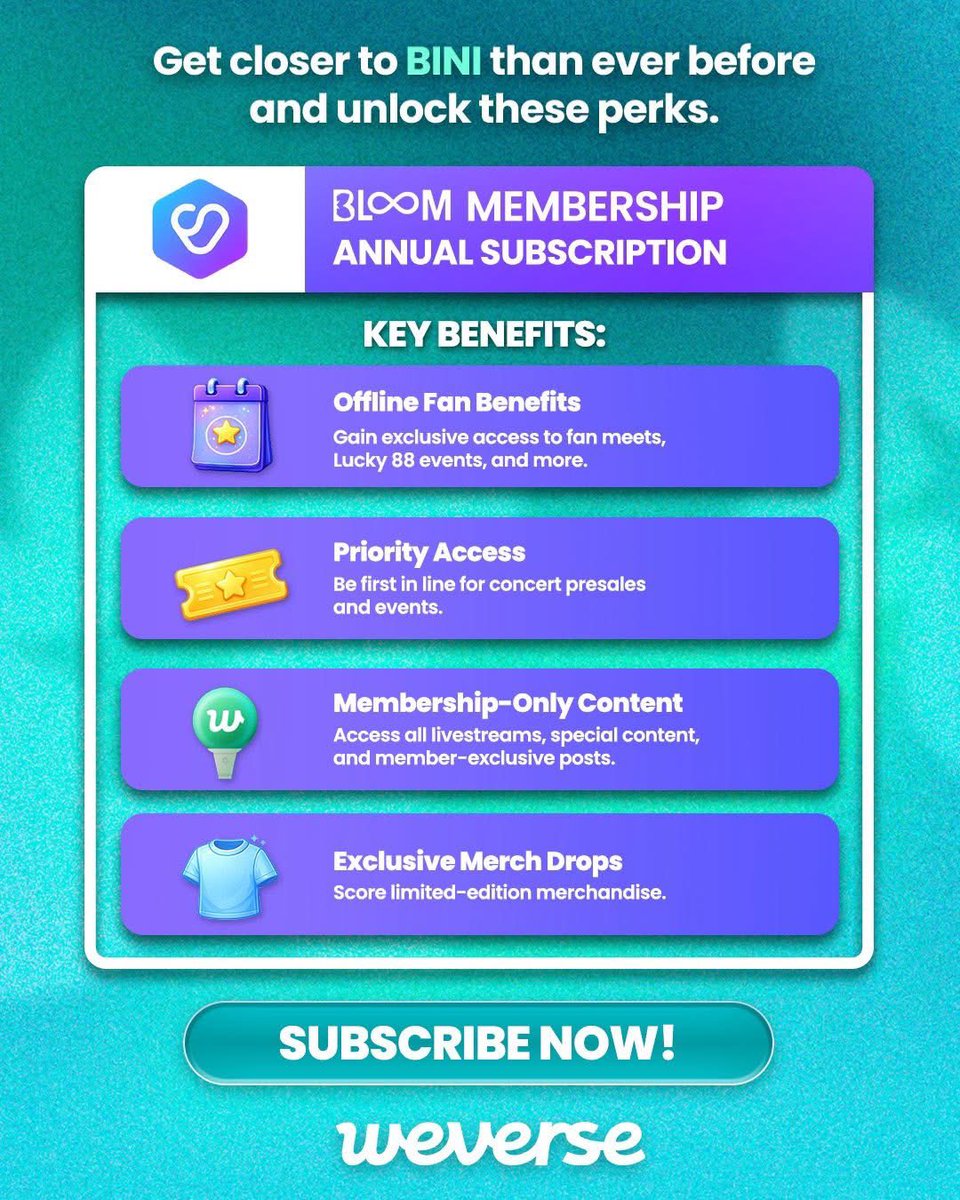 ABSCBNpr's tweet photo. Enjoy BINI your own way with BLOOM Membership or BINI Digital Membership π Or better yet, get both and experience BINI core on a whole new level! πΈ
Go to BINI Community, click the +Membership button, and join a membership! β¨
#BINI #BINICore #BINIWeverse https://t.co/Bf9AI87OIR