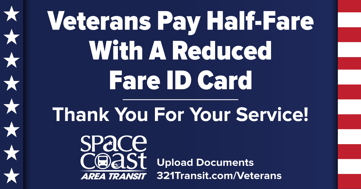 321Transit's tweet photo. We appreciate all U.S. Military veterans, and to express our gratitude, we offer half-fare to veterans with a Reduced Fare ID Card. Thank you for your service! Apply for a Reduced Fare ID at https://t.co/efASxrjCI1.

#SpaceCoastAreaTransit #321Transit #BrevardCounty
@BrevardCo_FL https://t.co/otIOy7a1zm