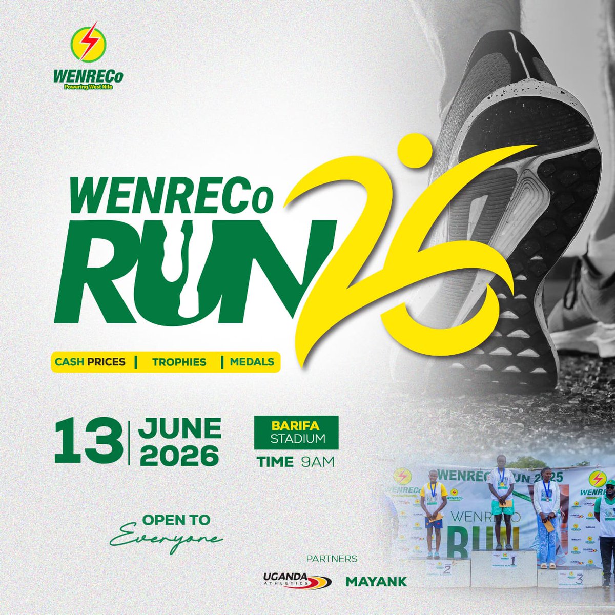 Wenreco_Uganda's tweet photo. @Wenreco_Uganda  officially invites the general public to the WENRECo Run 2026, scheduled to take place on Saturday, 13th June 2026 at Barifa stadium, Arua City. The event is open to all members of the public.

The WENRECo Run is not just a competition but a strategic initiative designed to identify, nurture and support talented athletes from all districts across West Nile region. The event is organized in partnership with @UgaAthletics2  , ensuring professional standards and a credible pathway for runners to advance their sporting careers.

Interested participants are required to register through their respective district delegate. 
For assistance in identifying your district delegate, please contact your District Sports Officer.

Participants stand a chance to win cash prizes, medals and trophies across various categories.

Do not miss this opportunity to showcase your talent and witness exceptional athletic performance in West Nile region.
Lace up your shoes and join us at Barifa on 13th June 2026.

MANAGEMENT