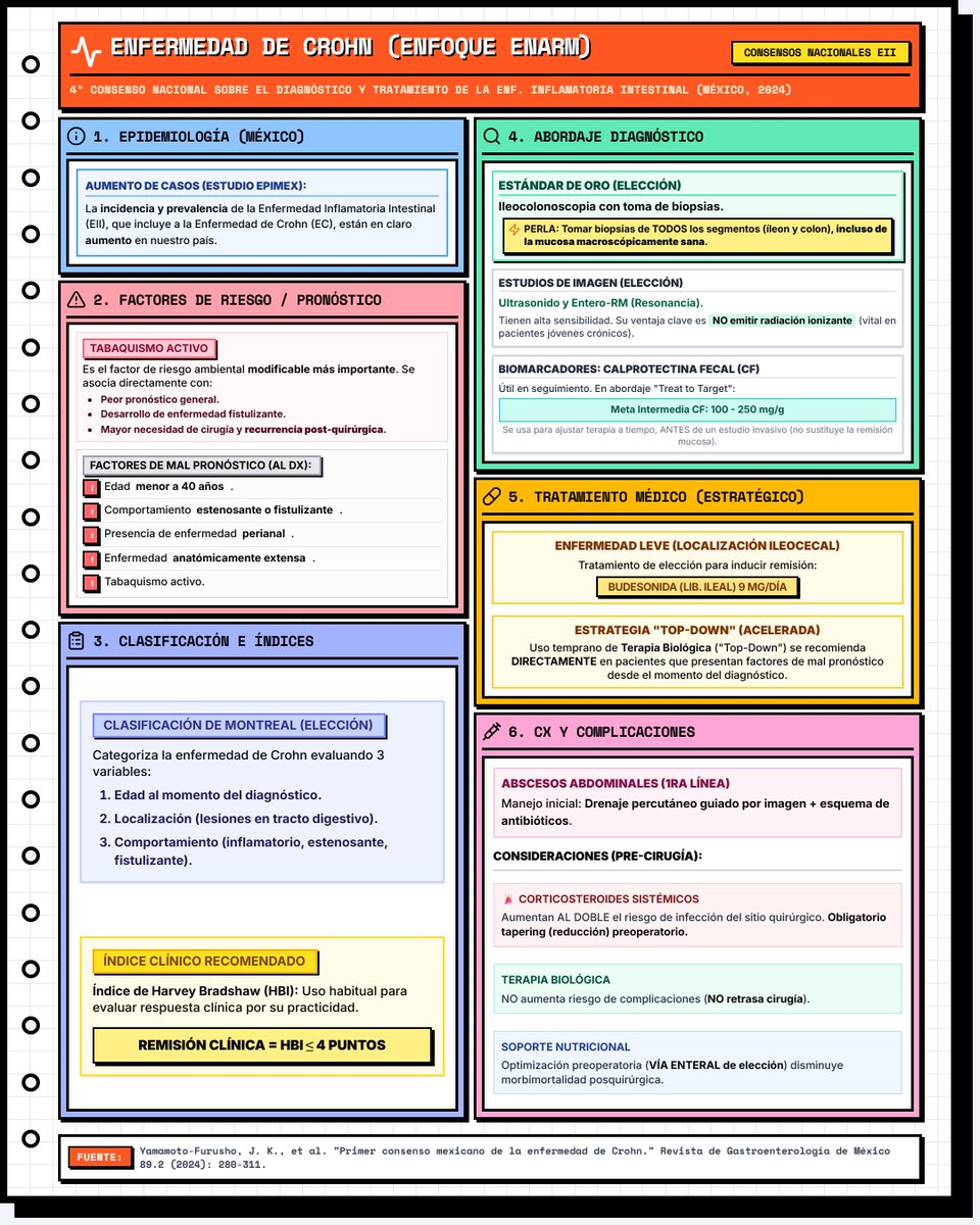 repasoGPC's tweet photo. 📝 Puntos clave del 1er Consenso Mexicano de Enfermedad de Crohn (2024):

✅ Clasificación: Montreal (edad, localización, comportamiento)

✅ Riesgo: Tabaquismo = peor pronóstico y fístulas

✅ Dx Oro: Ileocolonoscopia + Biopsias

✅ Meta: Calprotectina Fecal (100-250)

#enarm https://t.co/rqSItRPveo