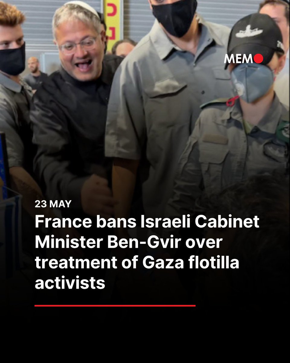 MiddleEastMnt's tweet photo. France has banned Israeli National Security Minister Itamar Ben-Gvir from entering French territory over what Foreign Minister Jean-Noel Barrot described as “unacceptable actions” against activists aboard a Gaza-bound flotilla, Anadolu reports.

Barrot said Saturday that the move followed incidents involving French and European citizens participating in the Global Sumud Flotilla.

“France cannot tolerate French nationals being threatened, intimidated, or brutalized,” he said, particularly by a serving government minister.

“I note that these actions have been condemned by a large number of Israeli government and political figures. They follow a long list of shocking statements and actions, incitements to hatred and violence against Palestinians,” Barrot wrote on the US social media platform X.

He added: “Like my Italian colleague, I call on the European Union to also impose sanctions on Itamar Ben-Gvir.”

The move follows circulation of footage appearing to show Ben-Gvir, -- a key ruling coalition partner of Prime Minister Benjamin Netanyahu -- walking among detained activists who were kneeling in tightly packed formations with their hands tied behind their backs.

In the footage, Ben-Gvir appears to wave an Israeli flag and taunt detainees.

Earlier, Italian Foreign Minister Antonio Tajani requested that EU foreign policy chief Kaja Kallas place possible sanctions against Ben-Gvir on the agenda of the next meeting of EU foreign ministers.

Similarly, Irish Prime Minister Micheal Martin wrote to European Council President Antonio Costa requesting formal discussion at the upcoming EU summit on Israel’s treatment of EU citizens aboard the flotilla.

The flotilla, carrying 428 people from 44 countries, departed Thursday from Marmaris, Türkiye, in an effort to break the Israeli blockade on Gaza Strip, which has been in place since 2007.

https://t.co/amjknWBKf8