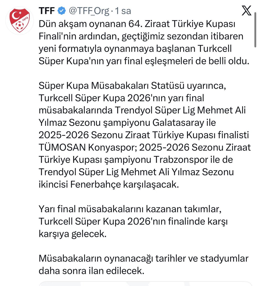 aysegullbedir's tweet photo. 🏆 Süper Kupa’da kafa karıştıran yeni format!
Süper Lig şampiyonuyla kupa ikincisi,
Kupa şampiyonuyla lig ikincisi yarı finalde karşılaşacak.
Yarı finali geçen takımlar finalde karşı karşıya gelecek.
Maç tarihleri ve maçların statları henüz belli değil. ⬇️
#GSvKON #TSvFB https://t.co/Ykm6lUtQTS