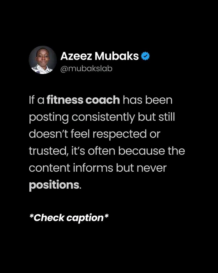mubakslab's tweet photo. Information is everywhere. Authority is not.

Most fitness content teaches. Few coaches position.

Teaching makes you useful. Positioning makes you trusted.

People follow the coach who makes things make sense, not the one posting endless tips.

#fitnesscoach #contentstrategy https://t.co/rxsNh3ujOO