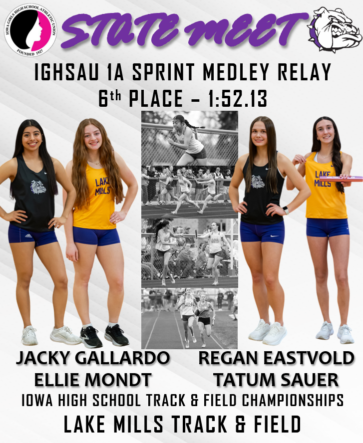 LAKEMILLS_SAAC's tweet photo. FINAL: Lake Mills Girls' Sprint Medley team finishes 6th place at the state meet running a time of 1:52.13!

They break the previous Lake Mills record held by Melissa Brackey, Lacey Mathews, Emily Neuwhoner, Sarah Abele from 2003, when they ran a 1:53.13! https://t.co/dathz0IR4H