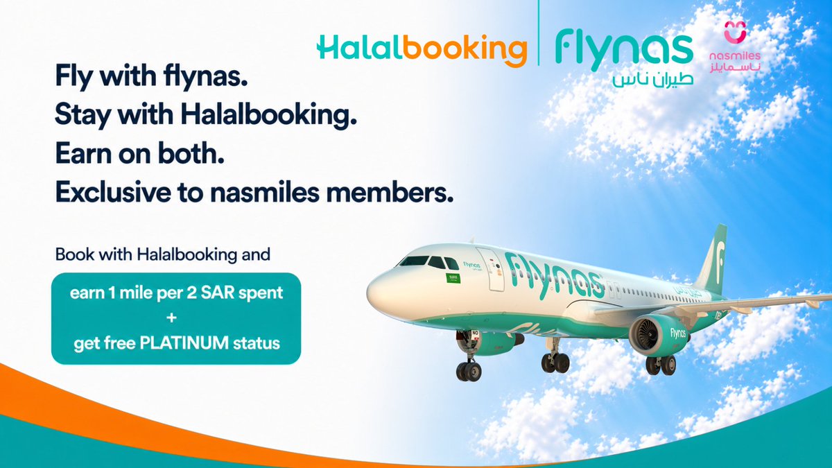HalalBooking's tweet photo. ✈️ We’re delighted to welcome flynas nasmiles members to the Halalbooking Loyalty Club.

Book with Halalbooking and earn 1 mile per 2 SAR spent.

✨For more: https://t.co/JLCqxdWK2U https://t.co/NylE8CmLkV