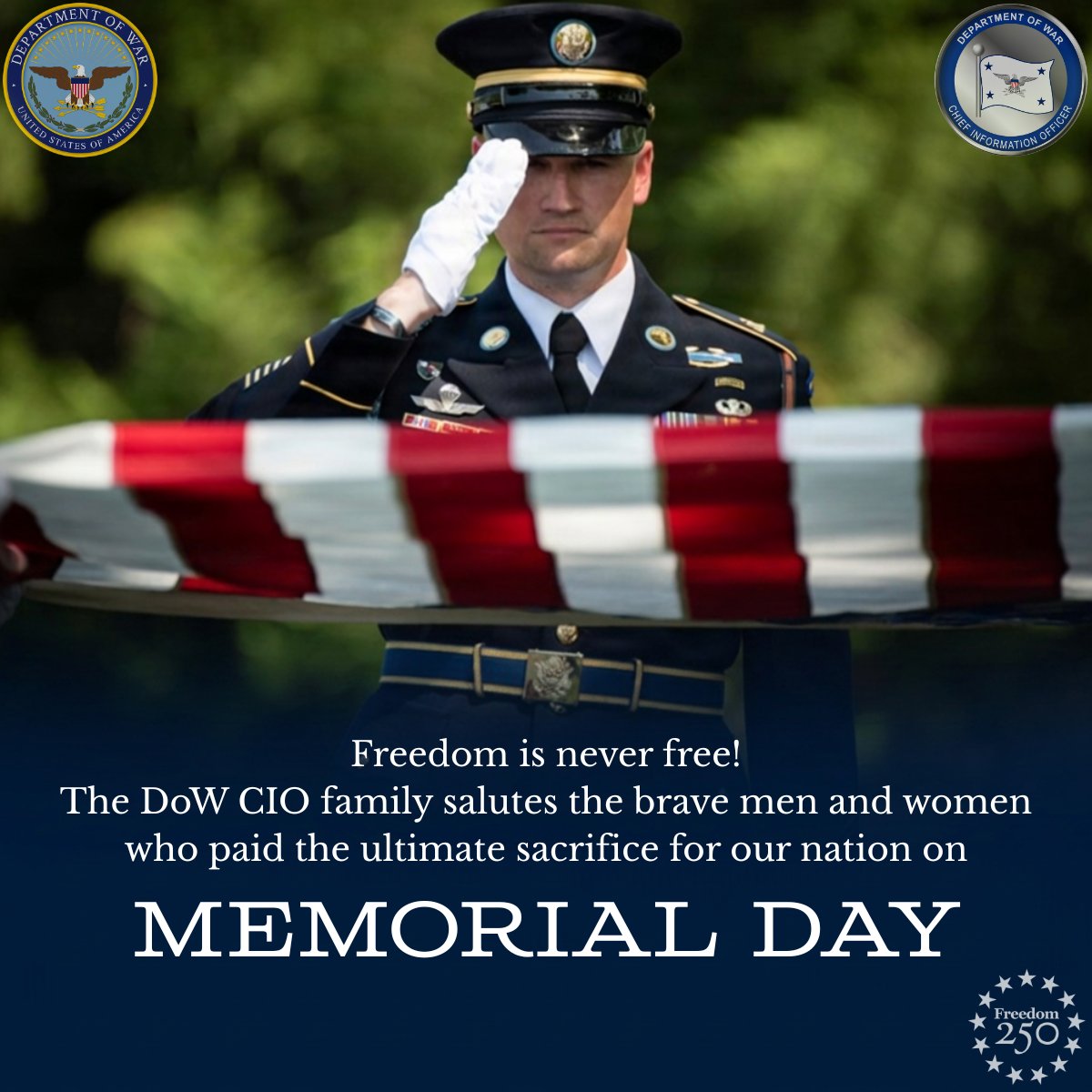 Please join the @DeptofWar CIO this Memorial Day weekend 🇺🇸in pausing to honor and remember the brave men and women of our Armed Forces who made the ultimate sacrifice in service to our nation.  

As we proudly support those who defend our nation across every domain — land, sea, https://t.co/AvzFhLVoDg
