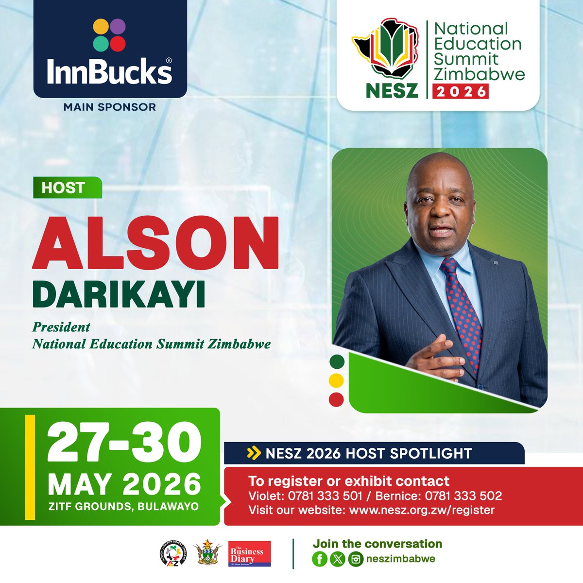 neszimbabwe's tweet photo. NESZ 2026 host announcement. 🇿🇼

Alson Darikayi — President of NESZ — welcomes Zimbabwe's education leaders, innovators, and partners to Bulawayo.

27–30 May · ZITF Grounds
📧 vionkat@nesz.org.zw

#NESZ2026 #EducationZimbabwe #Leadership https://t.co/CRHojIEUyV