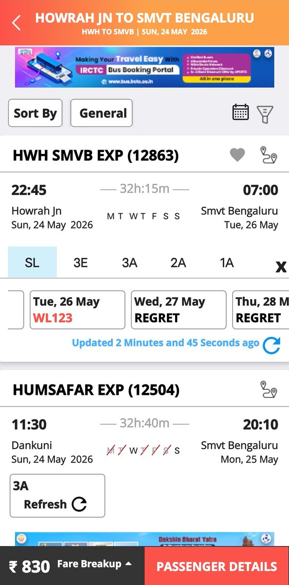 Sunchaser_89's tweet photo. Howrah to Bengaluru trains are always fully packed. Even Tatkal tickets disappear within minutes, while agents/dalals openly charge double or more for confirmed tickets.
Example: ₹1900 economy ticket is being sold for ₹3800 by agents. Common passengers are suffering badly. https://t.co/n0mBs54eqQ