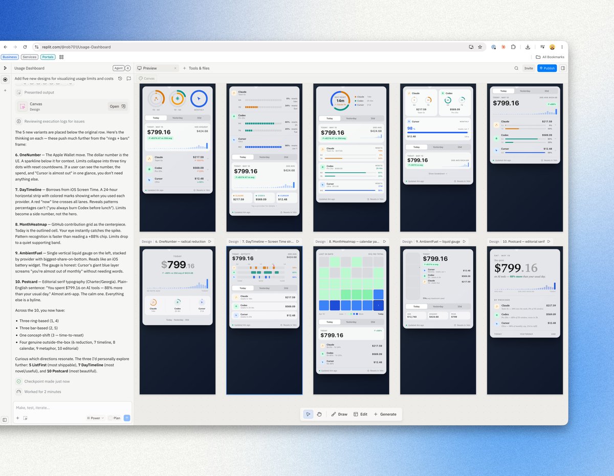 robinebers's tweet photo. i'm learning that @Replit is an underrated design tool

just exploring, but cool

claude design comparison in first comment https://t.co/rBWyGrWxpr