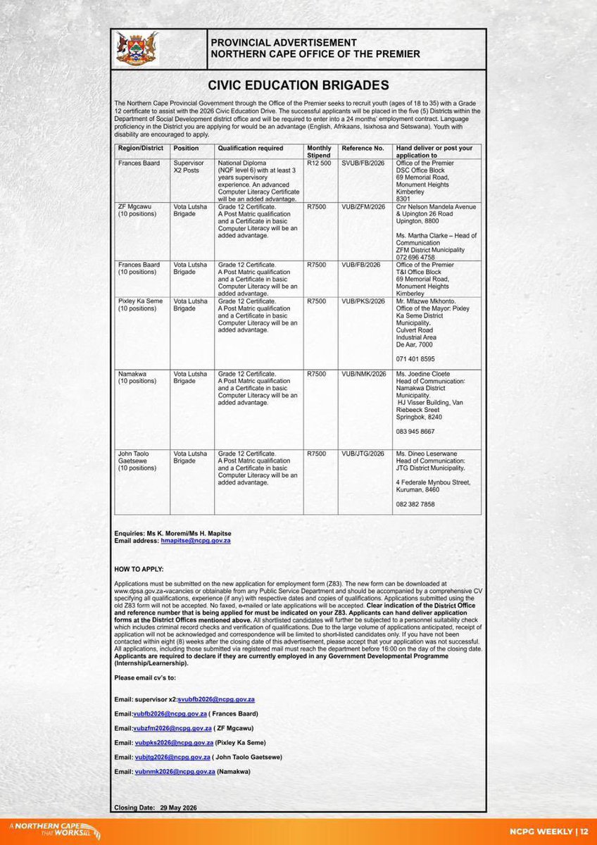 GoSETA_SA's tweet photo. 🔴 VACANCIES: 50 Civic Education Brigades and 2 Supervisors 

Closing date: 29 May 2026

#vacancies #goverment https://t.co/1R5IQM0eFJ