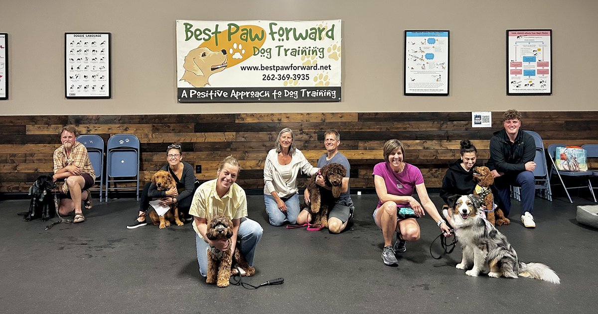 bestpawforwardw's tweet photo. Congrats #BasicManners grads! Each week they progressed in increasing focus on the handler around multiple distractions and strengthened skills like loose-leash walking, sit and down stays, wait, and recalls. 
#GradPhotos #Dogs #Coaching #RewardBasedTraining #TopChoiceWinner https://t.co/nFbtPHPUYx