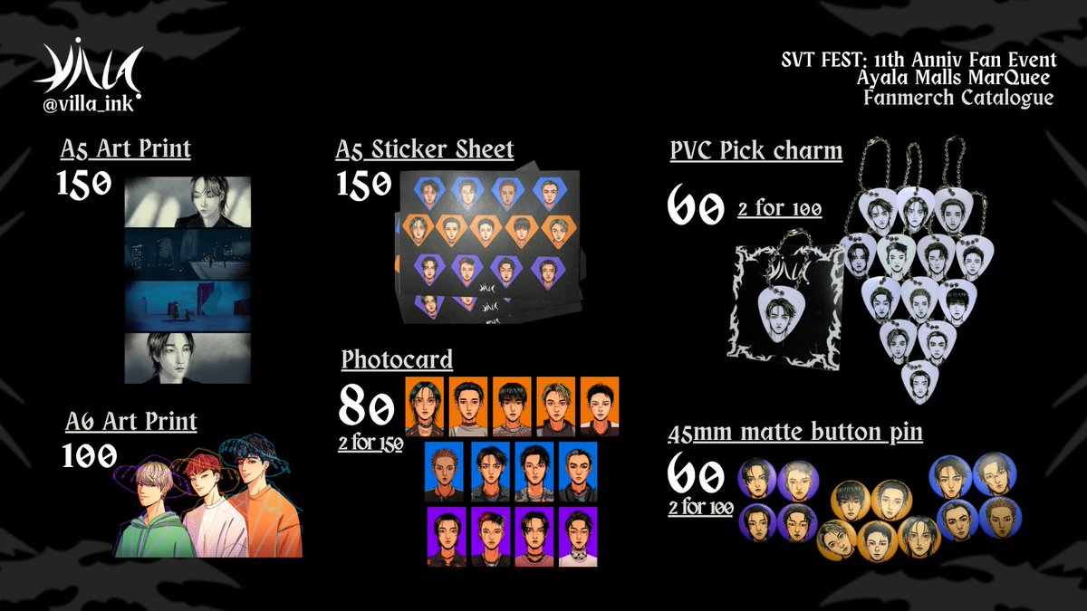 villa_ink's tweet photo. My full catalogue for tomorrow's SVT Fest with @seventeen_ACEs ! I will also be offering on the spot inked commissions, so feel free to drop by!

Very limited stocks, so DM me or reply to this if you want to reserve any items.

📍Ayala Mall Marquee
🗓️May 30-31, 2026 https://t.co/MVqynOKp6X