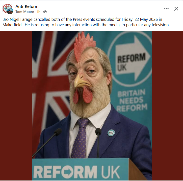 dave43law's tweet photo. It seems  Chicken Farage is really in hiding from the media.
The week before he cancelled an appearance in Sunderland

Odds on he has had legal advice over the various allegations in respect of finances and been told he has opened his mouth several times too often already. given the multiple stories told