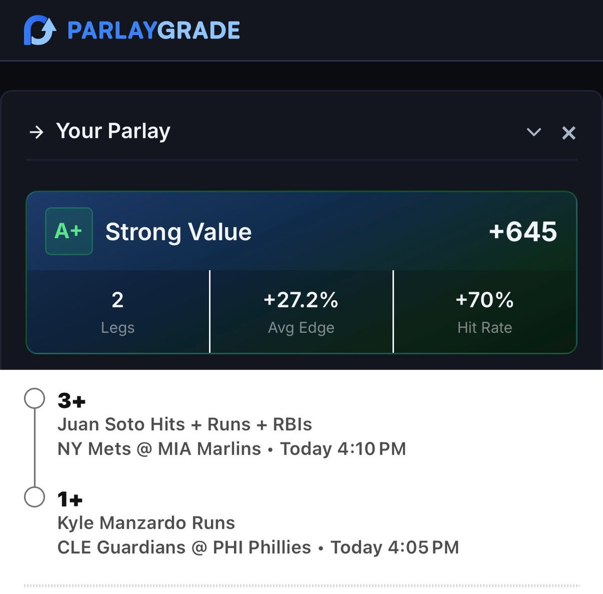 bookies's tweet photo. ParlayGrade A+ Builder 🔨 

Head to https://t.co/iw0bY9cTA1
and cook up your parlay for tonight.👨‍🍳 

FREE to use, data and model driven parlay builder with INSTANT feedback💰 

Tail ours here!

https://t.co/hCNCzR152K

💸 🔜 https://t.co/P0xUXUCJMI