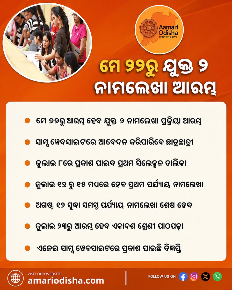 AamariOdisha's tweet photo. ମେ ୨୬ରୁ ଆରମ୍ଭ ହେବ ଯୁକ୍ତ ୨ ନାମଲେଖା ଆବେଦନ ପ୍ରକ୍ରିୟା। SAMS ପୋର୍ଟାଲ ମାଧ୍ୟମରେ ଛାତ୍ରଛାତ୍ରୀମାନେ ଅନଲାଇନ୍ ଆବେଦନ କରିପାରିବେ। ଯୋଗ୍ୟ ପ୍ରାର୍ଥୀମାନେ ସମୟସୀମା ମଧ୍ୟରେ ଆବେଦନ କରିବାକୁ ପରାମର୍ଶ।

#CHSE #PlusTwoAdmission #SAMS #OdishaEducation #amariodisha https://t.co/n0dcJGclPa