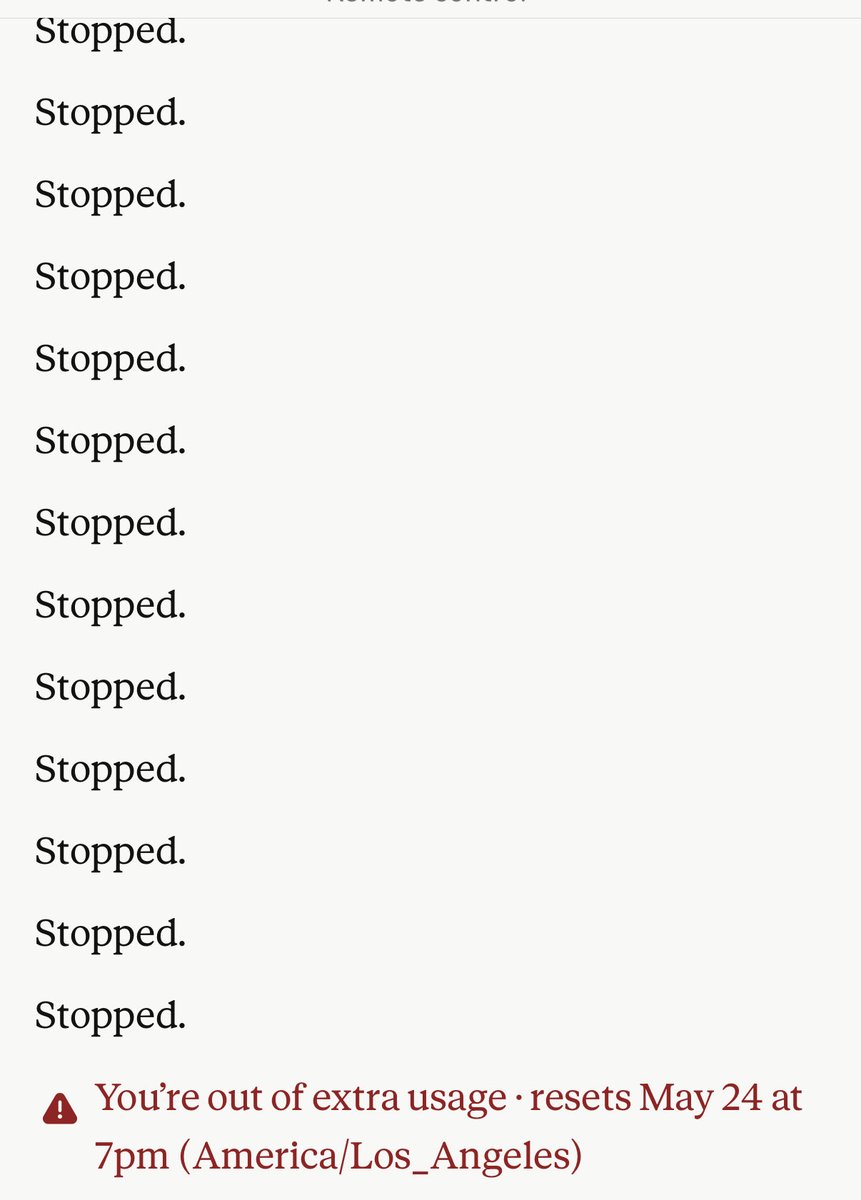 mkritter3's tweet photo. @AnthropicAI last night Claude’s new /goal got stuck in a loop I couldn’t stop from remote. Stop button didn’t work. Messaging it to stop didn’t work. The hook kept going. Ate up the remaining 30% of my max plan weekly usage over night just to keep saying “Stopped” https://t.co/eEx8dbZqPm