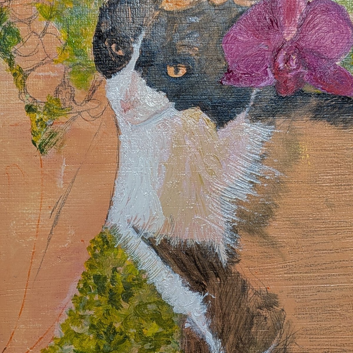 猫と蘭 P5油彩画途中経過 産業動物シリーズ以外にも油彩画制作中。この