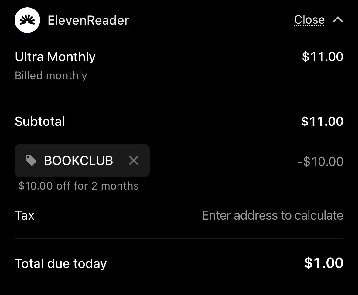 elevenreader's tweet photo. @sanjaymehta Hey! If you click the link in the email it should open your subscription option with code BOOKCLUB enabled to redeem the limited discount: https://t.co/plm5EmKQDs