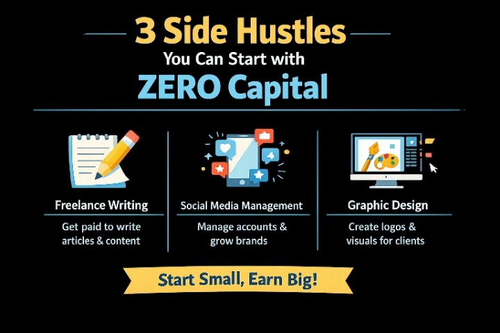 GoldContractor's tweet photo. Stop waiting for big capital. Here are 3 side hustles you can start today with zero naira 👇 #SideHustle”  
1. Freelance writing → words sell, and clients pay.  
2. Social media management → brands need engagement, you can provide it.
3. Graphic design → Canva makes it easy. https://t.co/tMbGimzUCw