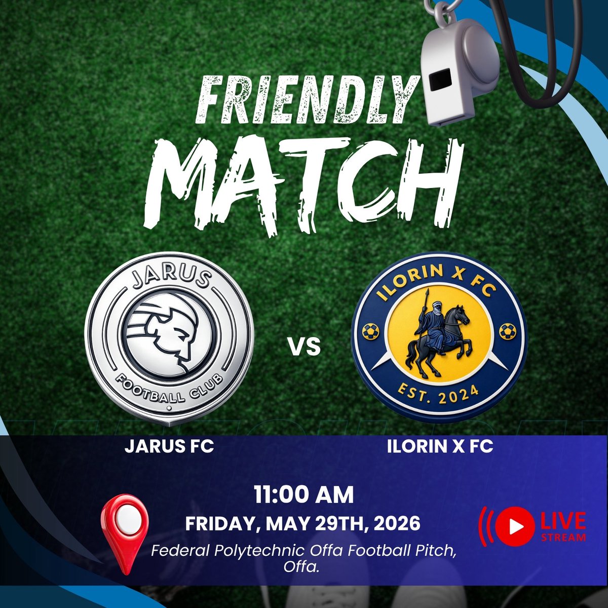 IlorinXFC's tweet photo. Big club energy meets fearless football.
Respect the host. Fear nobody.⚔️🔥

Ilorin X FC on the road this Friday.
Let’s make a statement in Offa. ⚽

JARUS FC vs ILORIN X FC
Friday, May 29th.
11:00 am. 

@SirJarus @Nsukka_okpa @Wizarab10 @BASHAARUTD https://t.co/5F2GqIWZwm