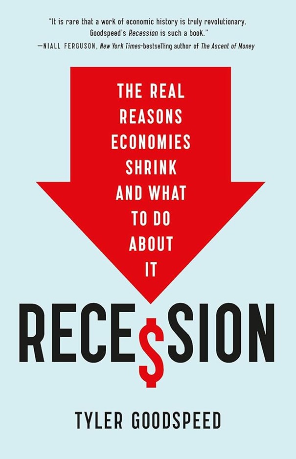 int_mon_econ's tweet photo. Thought-provoking (and probably controversial) food for thought!

"Recession: The Real Reasons Economies Shrink and What to Do About It" by Tyler Goodspeed.

"What causes a recession? Do recessions end on their own, or do they require external intervention? Does a recession in one country mean the rest of the world will follow? Are we in a recession now? Economic expert Tyler Goodspeed answers these questions and many more in Recession, a groundbreaking new analysis of economic contractions over the last four centuries."

https://t.co/mJBHqls8HA

This podcast about the book is worth listening to!

"Tyler Goodspeed on Challenging the Way Economists Look at Recessions" (Macro Musings podcast hosted by David Beckworth)

"The core thesis of the book is that recessions are not inherently cyclical phenomena. We tend to think of economic expansions as possessing some fundamental flaw, some error, some excess, to which economic recession is that inevitable, even necessary remedy. In reality, there is simply nothing in the height, the speed, the duration, or the composition of an economic expansion that can really explain anything about the depth, speed, duration, composition, or even probability of the subsequent recession."

https://t.co/uL0JQZ2bwC
