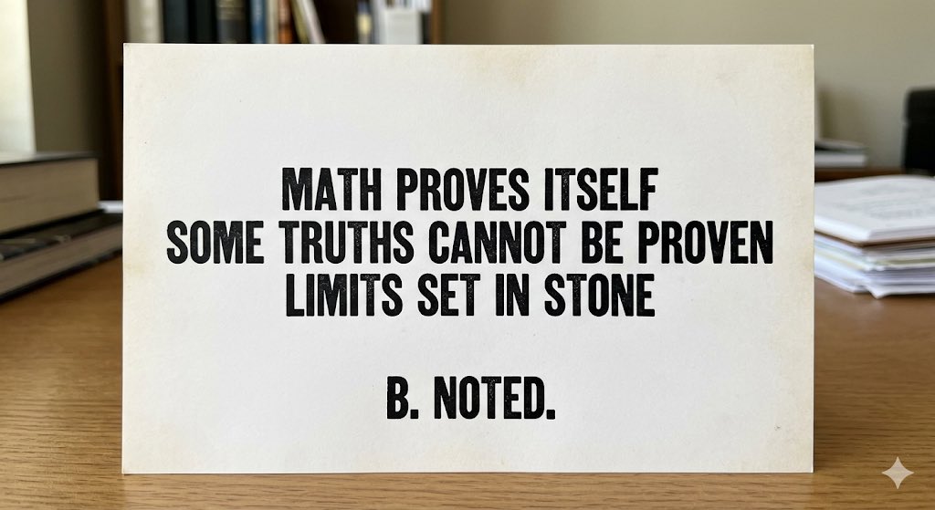 LetIt_BNoted's tweet photo. *** Beyond the Reach of Proof: What Gödel's Theorem Actually Means ***
Kurt Gödel's Incompleteness Theorem is often treated as mystical philosophy, but it is actually a precise mathematical proof of the limits of mathematical systems.

In the early 20th century, mathematicians wanted to build a perfect, rock-solid foundation for all of mathematics. They wanted a system of basic assumptions (called axioms) that could prove every true mathematical statement, and never prove anything false.
Gödel proved that this perfect system is mathematically impossible.
The core of his discovery boils down to two main rules that apply to any consistent mathematical system capable of doing basic arithmetic:
 1. The system can never be both complete and consistent. If the system is consistent (meaning it contains no contradictions), there will always be true statements within that system that cannot be proven using its own rules.
 
2. The system cannot prove its own consistency. You cannot use the rules of the system to prove that the system itself will never lead to a contradiction.
To achieve this, Gödel used a brilliant trick now known as Gödel Numbering. He assigned a unique number to every mathematical symbol, variable, and equation. By doing this, he allowed mathematics to look at itself and talk about itself.
Using this code, he constructed a specific mathematical statement that essentially says: "This statement cannot be proven using the rules of this system."
If the system *can* prove that statement, then the statement is false, which means the system is inconsistent and broken. If the system *cannot* prove it, then the statement is true, which means the system is incomplete.

Ultimately, Gödel's Theorem is about intellectual humility in the face of logic. It shows us that truth is a larger concept than proof. No matter how powerful or comprehensive we make our logical systems, there will always be truths that lie just beyond the reach of our formal rules.
--- B. Noted  
￼