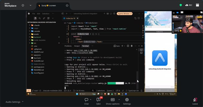 Monish697's tweet photo. Another amazing class in #chaicode mobile development cohort with @surajtwt_  sir
Learned about :
Backend integration using expo.

@Hiteshdotcom sir, @piyushgarg_dev sir, @nirudhuuu sir. at @ChaiCodeHQ. https://t.co/6UmcnXc1l0