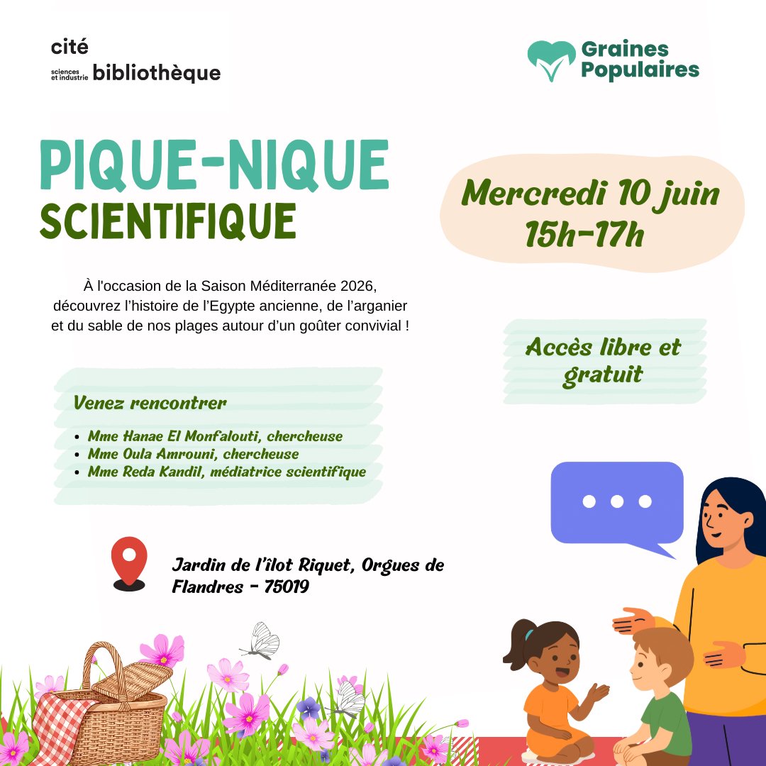 GrainesPop's tweet photo. À l'occasion de la Saison Méditerranée 2026, venez découvrir l’histoire de l’Egypte ancienne, de l’arganier et du sable de nos plages autour d’un goûter convivial ! 😊

L'accès est libre et totalement gratuit !

#piquenique #scientifique #ecologie #chercheur #egypte https://t.co/zqHsTY41T0