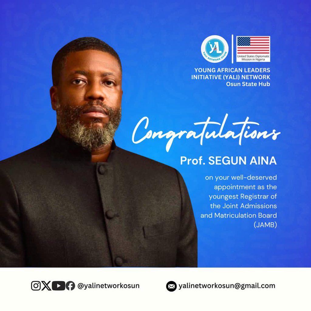 YALINetworkOsun's tweet photo. PRESS RELEASE

Young African Leaders Initiative Network Osun Congratulates Prof. Segun Aina on His Appointment as JAMB Registrar

The leadership and entire members of Young African Leaders Initiative Network Osun warmly congratulate Segun Aina on his well-deserved appointment as https://t.co/zTxELIPe0p